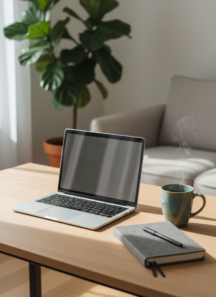 A serene desk setup symbolizing online therapy: a slim, silver laptop with a blank, softly glowing screen sits on a light oak desk, beside a closed, textured gray journal and a fine black pen. A ceramic mug of herbal tea sends a faint wisp of steam into the air. In the background, a blurred view of a neatly made sofa and a large leafy plant suggests a calm home environment. Natural window light illuminates the desk from the side, creating gentle highlights on the laptop edges and soft shadows on the notebook. Shot in photographic realism at a three-quarter angle with shallow depth of field, the mood is professional, confidential, and supportive, emphasizing the comfort of online psychotherapy.