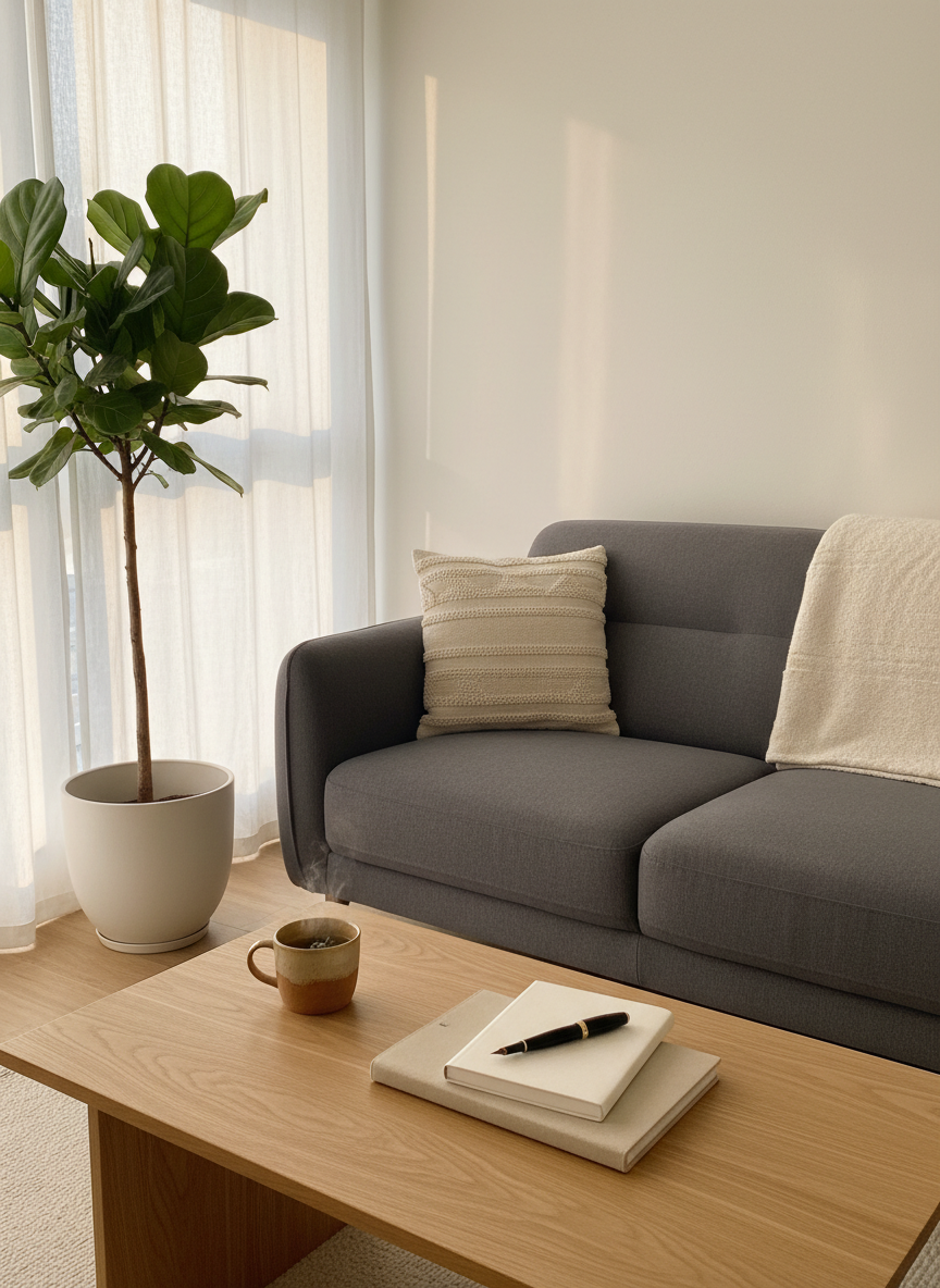 A minimalist consultation room with a plush dove-gray sofa set against a smooth, off-white wall, a folded cream blanket resting on one arm and a textured cushion at the other end. A simple wooden coffee table holds a ceramic cup of herbal tea and a neatly stacked pair of notebooks with a fountain pen resting on top. A tall plant in a matte white pot softens the corner of the room. Soft, late-afternoon natural light filters through sheer curtains, creating a warm, inviting glow. Captured in photographic realism from a slightly elevated angle with balanced composition, the scene feels secure, ethical, and quietly reassuring, symbolizing a safe space for individual therapy.