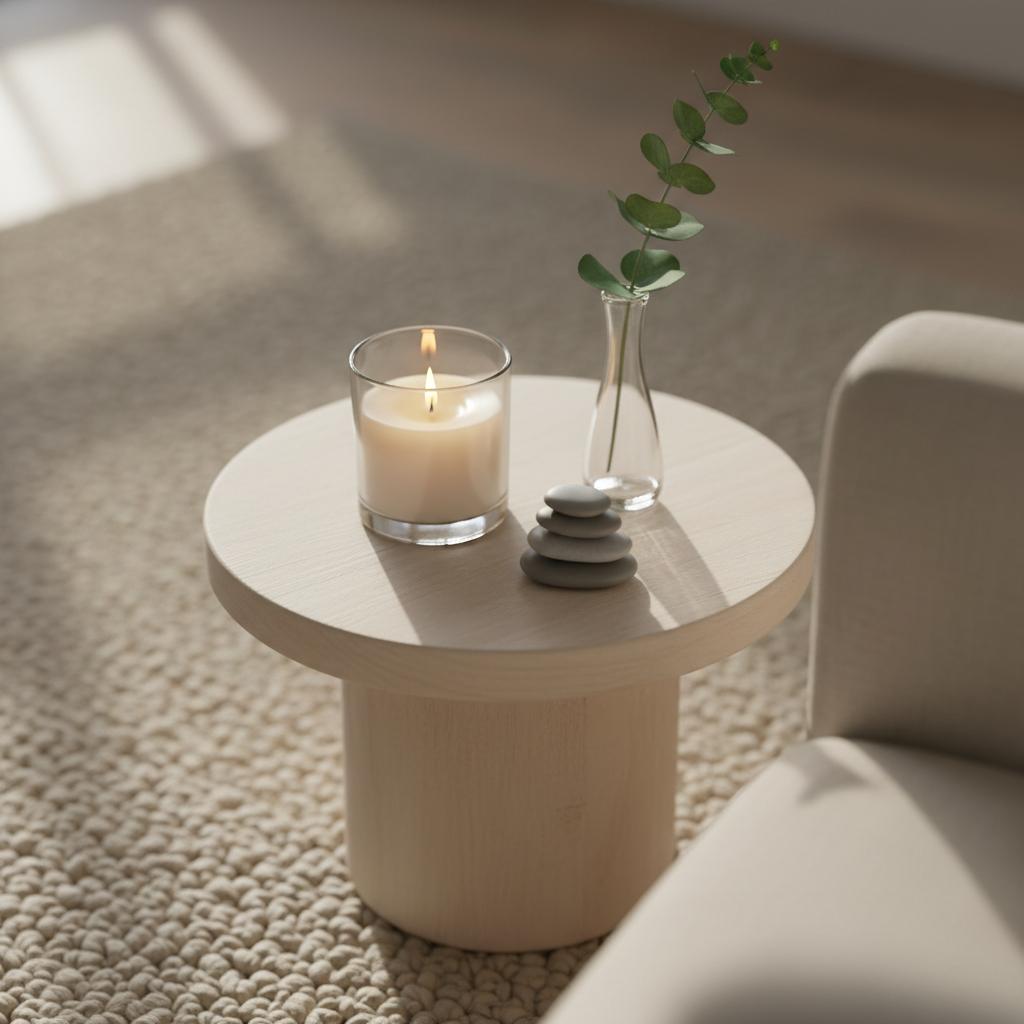 A close-up of a calming therapeutic corner: a round, pale wooden side table holding a lit, unscented white candle in a clear glass holder, a small stack of smooth gray worry stones, and a single sprig of eucalyptus in a slender glass vase. The table stands on a textured, light beige rug beside the lower edge of a neutral-toned armchair, only partially visible. Soft morning light from the left creates delicate reflections on the glass and subtle shadows across the rug. Captured in photographic realism with a centered composition and shallow depth of field, the image feels gentle, grounding, and reassuring, evoking the emotional safety and mindfulness present in psychotherapy sessions.