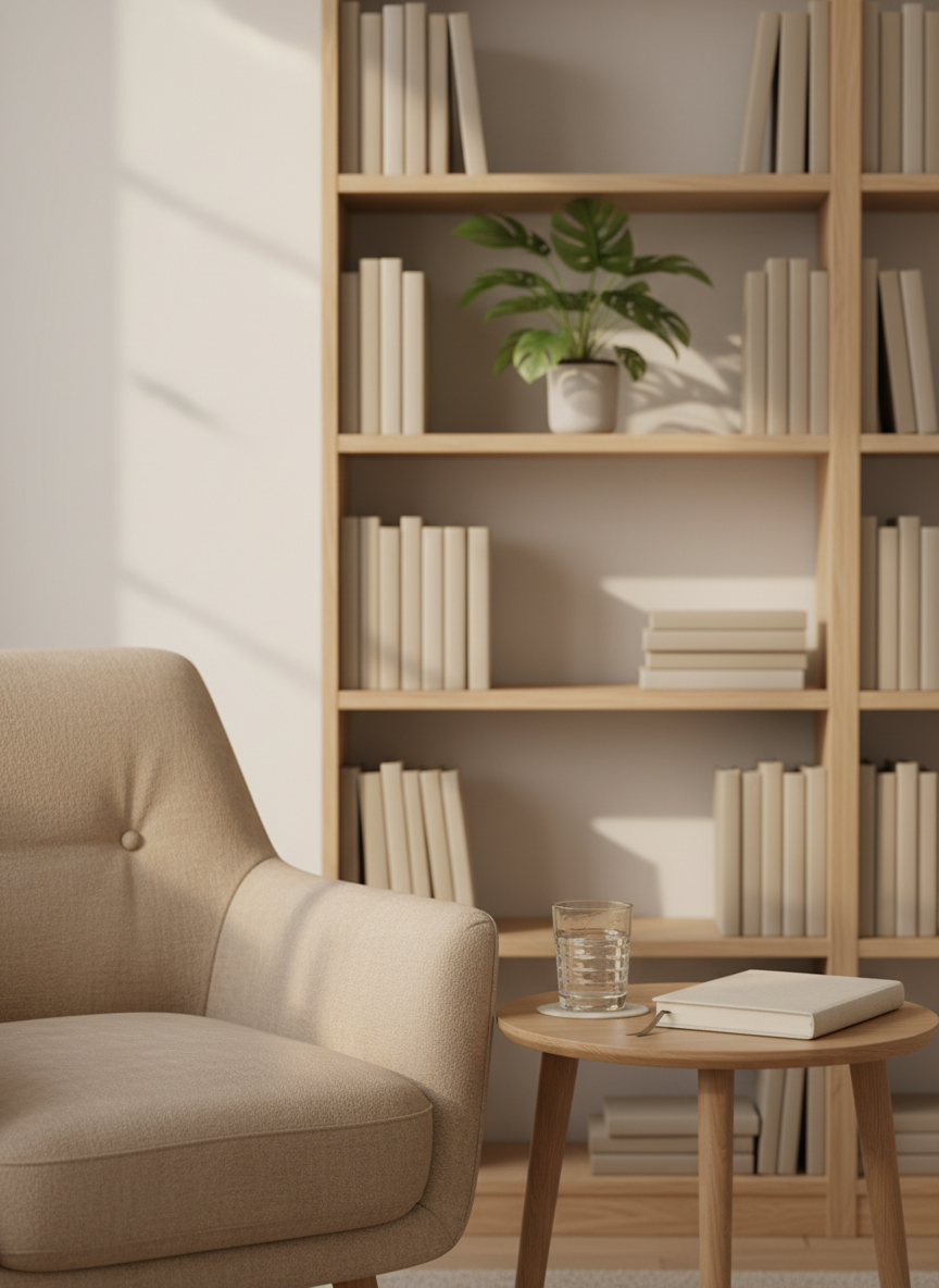 A neatly arranged therapy workspace featuring a soft, sand-colored fabric armchair facing a small round wooden side table holding a glass of water and a closed, linen-covered notebook. Behind, a tall bookshelf displays carefully spaced neutral-toned books and a single green plant, creating a sense of order and calm. Gentle daylight enters from an unseen window, casting diffused, warm light across the room and soft shadows on the pale walls. Photographed at eye level in photographic realism with a shallow depth of field, the chair and table remain in crisp focus while the background subtly blurs, evoking a safe, professional, and non-judgmental atmosphere ideal for psychotherapy.